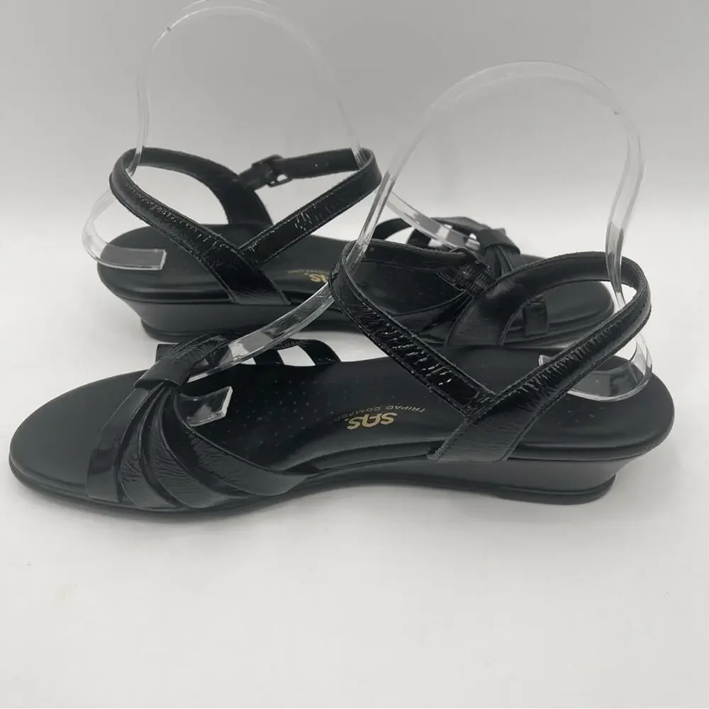 SAS Sandals 9.5 SLIM Strippy Quarter Strap Wedge Black Patent Leather 9.5 SLIM